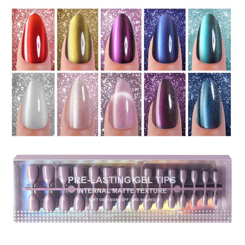 Plauva 300Pcs Cat Eye Press on Nails Medium Almond, Soft Gel Fake Nails, Glossy Glitter Cat Eye Nail Tips for Women and Girls Stick On Nails in 15 Sizes - Image 1